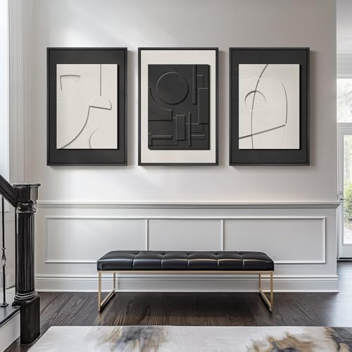 Large Framed Black and White Modern 3D Abstract Wall Art for Living Room - color: Black and White, size: 24"w X 36"h X 3pcs