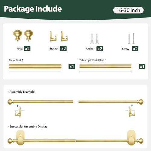 KAMANINA Curtain Rods No Drilling 16-30", Strong 3M Adhesive Brackets, Gold - color: Gold, size: 16-30"