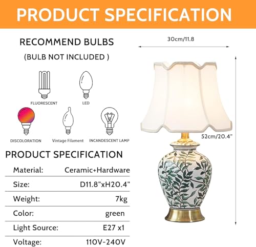 Green Plant Ceramic Table lamp American Ceramic Desk Lamp with Gold Base and Green Leaf Lamp Body Design Cottage Bedside Desk Nightstand Table Lamp for Bedroom,Living Room,Office