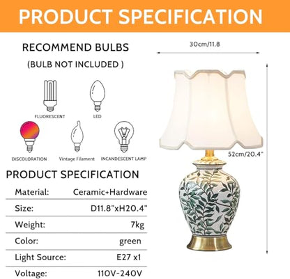 Green Plant Ceramic Table lamp American Ceramic Desk Lamp with Gold Base and Green Leaf Lamp Body Design Cottage Bedside Desk Nightstand Table Lamp for Bedroom,Living Room,Office