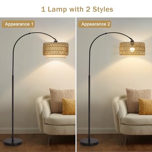 Rattan Floor Lamp, Dimmable Arc Floor Lamps with Adjustable Head - color: Black Base with Rattan Shade