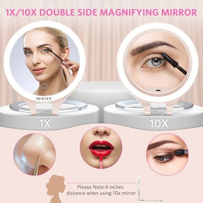 WEILY Magnifying Makeup Mirror 10X/1X, Travel Mirror with Light - color: 451-pink