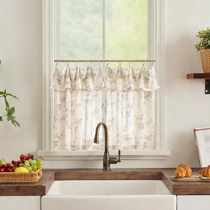 jinchan Taupe Floral Kitchen Tier Curtains with Valance, 24 Inch, 2 Panels - color: Alisa Taupe, size: 30"W x 24"L (Pack of 2)