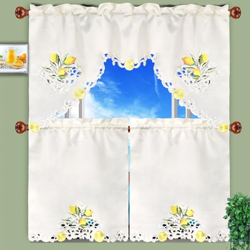 Simhomsen Embroidered Lemon Kitchen Window Curtain Swag and Tiers Set for Spring and Summer (Lemon) - color: Lemon
