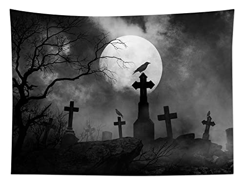 HVEST Halloween Tapestry Full Moon Black Crow Tombstone Dead Tree Tapestry for Bedroom, Scary Grey Cemetery Forest Wall Decor Blanket Home Holiday Living Room Decorations, 60W X 40H Inches - color: Black, size: 40"L x 60"W