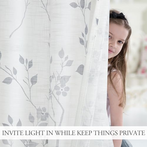 Beauoop Floral Linen Semi Sheer Curtains Living Room Grey 50x63 2 Panels - color: Grommet | Grey, size: 50"W x 63"L (Pack of 2)
