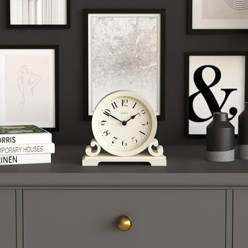 JONES CLOCKS® Saloon Mantel Clock | Small Traditional Double Scroll Design | Pale Cream | Contemporary Classic Style for Desk, Table, Shelf or Bedside - color: Linen White