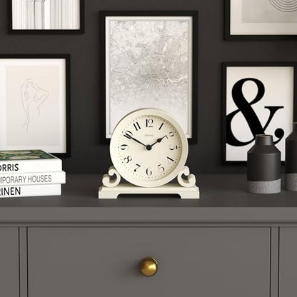 JONES CLOCKS® Saloon Mantel Clock | Small Traditional Double Scroll Design | Pale Cream | Contemporary Classic Style for Desk, Table, Shelf or Bedside - color: Linen White