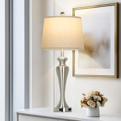 30 Inch Single Silver Table Lamp, 3-Way Dimmable Touch Bedroom Lamp with USB A+C Ports and AC Outlet, Modern Metal Brushed Nickel Living Room Lamp, Bedside Lamp for Nightstand Guest Room End Table - color: Silver-1PK