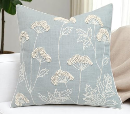 Rudransha Hand Embroidered Wildflower Throw Pillow Cover - 20x20 Inch Robins Egg Cotton - Blooming - color: Blooming-robins Egg, size: 20" x 20" (Pack of 1)