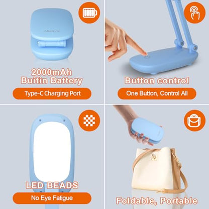 Akejrym LED Desk Lamp for Office & Home, Battery Operated, Foldable & Portable Light, 2-Fold Bracket, 3 Brightness Dimmable, Wireless Reading Lamp (Blue) - color: Blue