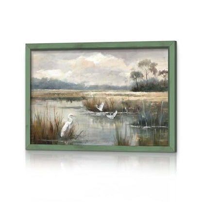 HILL WEST Rustic Landscape Lake Bird Framed Wooden Wall Art, 24x16inch - color: Bird, size: 24"L x 16"W