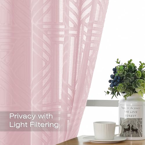 Simplebrand Blush Semi Sheer Curtains 63 Inch Length 2 Panels, Light Filtering Geometric Jacquard Clip Textured Short Sheer Curtains for Bedroom，Modern Elegant Window Curtains Drapes，42x63 inch - color: Blush, size: 42"W x 63"L (Pack of 2)