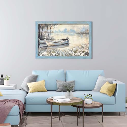 summer melody Rustic Lake Landscpe Wooden Framed Wall Art 45x30 Inch - color: Blue, size: 45"L x 30"W