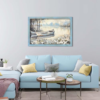 summer melody Rustic Lake Landscpe Wooden Framed Wall Art 45x30 Inch - color: Blue, size: 45"L x 30"W