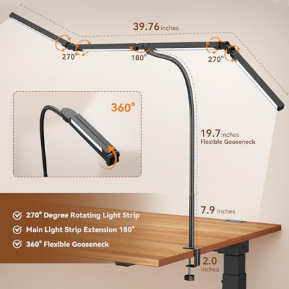 Pzloz Led Desk Lamps for Home Office - Eye Caring Architect Lamp with Clamp, Double Head Computer Monitor Work Desk Light with Remote Control: 24W Flexible Dimmable Desktop Table Lamp - color: Dark Black