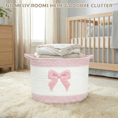 Baby Laundry Basket for Nursery, Large 15”x12”Baby Girl Storage Baskets - color: Bow