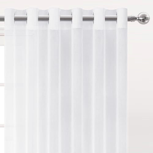 DWCN White Faux Linen Sheer Curtains - Grommet Voile Window Curtain Drapes for Bedroom Living Room 70 x 95 inch Length, Set of 2 - color: White, size: 70"W x 95"L (Pack of 2)