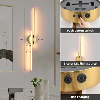 Battery Operated Wall Sconce Set of 2,Gold 31.4" 3000K-6500K LED Dimmable Wall Sconces with Remote Control,Wireless Wall Light USB Rechargeable for Bedroom Hallway Living Room Background Wall Lighting - color: Gold, size: 31.4" 2-Pack