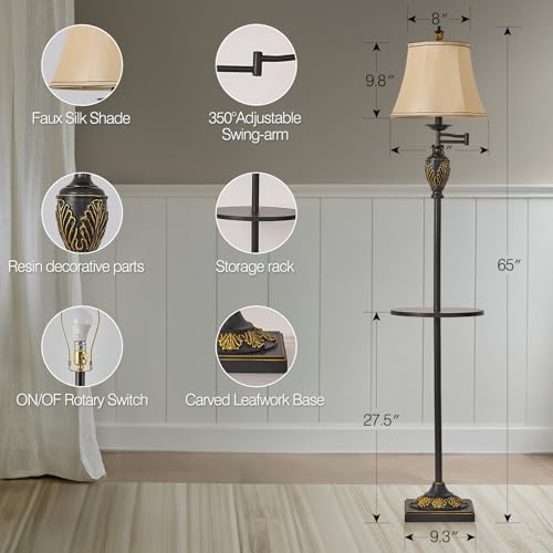 Traditional Floor Lamp with Tray, Remote Dimmable, 350°Swing Arm,Black Gold - color: Black Gold-12