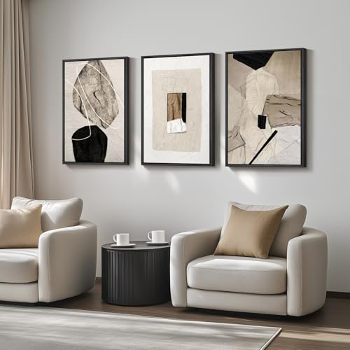 Large Framed Modern Neutral Abstract Wall Art, Set of 3, Total 60x30 In - color: Neutral, size: 20" W x 30" H x 3pcs