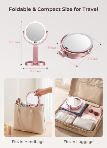 Lighted Travel Makeup Mirror,1X/10X Magnification,3 Light Modes, Rose Gold - color: Gold