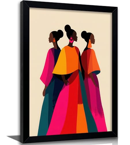 Framed African American Women Canvas Wall Art, Colorful Modern Minimalist Black Female Figure Painting, Vibrant Boho Wall Decor for Bedroom Living Room Office - color: Red-orange, size: 24"L x 16"W