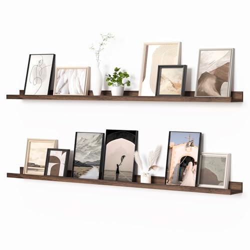 Heimlove Picture Ledge Shelf, Floating Shelves Set of 2, 56 Inches Picture Shelf for Wall with Ledge, Kids Bookshelf Wall Mounted for Living Room Bedroom Decor Books Photo Frames, Walnut - color: Walnut, size: 56 in