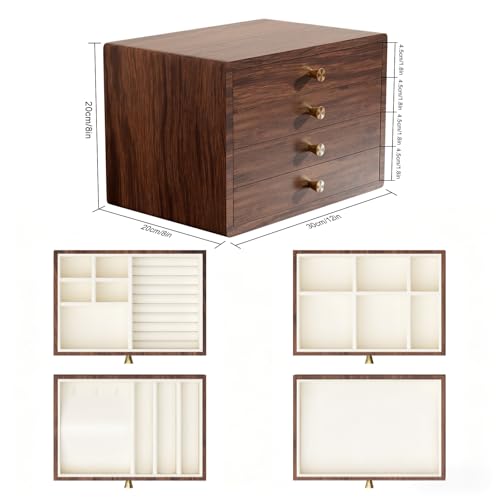 GENUINED Solid Walnut Wooden Jewelry Box with Compartments, Gifts for Women