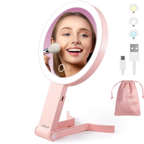 LitBear Travel Makeup Mirror with Lights, Rechargeable Double-Sided 10X/1X Magnifying Mirror, Portable Lighted Beauty Mirror, 3 Color Lighting, Dimmable Touch Screen, Tabletop Handhold Hanging (Pink) - color: Pink