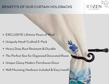 RTZEN Decorative Metal Curtain Tiebacks - Farmhouse Wrought Iron Curtain Holdbacks - Drapery Holders for Wall - Unique Metal Tie Backs for Curtains - 2 Pcs (Black Classic) (Pack of 2) - size: Medium (Pack of 2), style: Classic