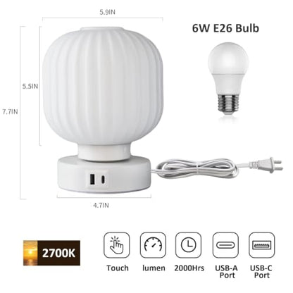 Elenhome Touch Bedside Glass Table Lamp Set of 2 with 3 Way Dimmable Light, Small Table Lamps with USB C+A Charging Ports - Bedroom Nightstand & Living Room Essential, Bulb Included - color: White_2pack