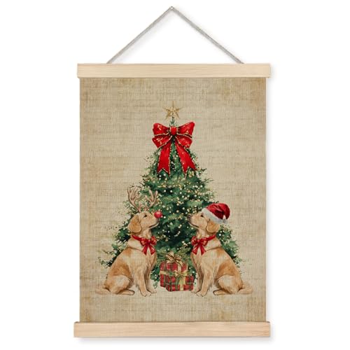 Exqcom Golden Retriever Christmas Wall Art Poster, Gifts for Golden Retriever Lovers, Retro Winter Holiday Dog Xmas Tree Posters for Home Bedroom Living Room, 12x16 Inches - color: Christmas-Wall Decor-F