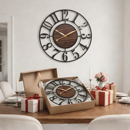 16 Inch Black Arabic Numeral Large Wall Clock with Walnut Dial - color: Brown, size: 16 Inch