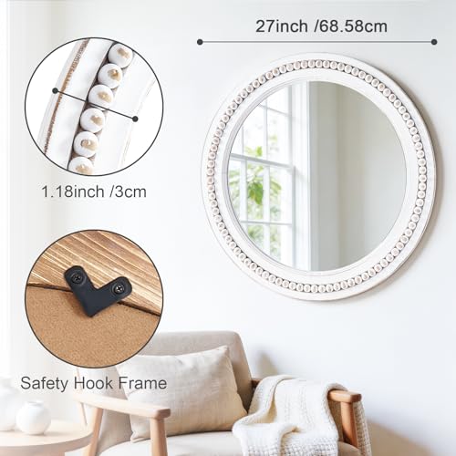 27 Inch Round Wood Beaded Wall Mirror, Farmhouse Circle Mirror - color: White