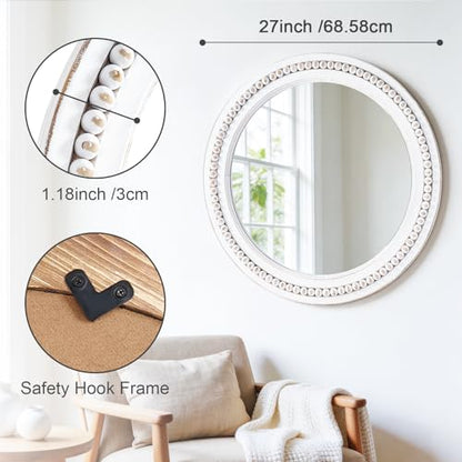 27 Inch Round Wood Beaded Wall Mirror, Farmhouse Circle Mirror - color: White