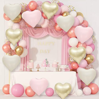 Pink White Gold Heart Foil Balloons,12Pcs 18Inch Heart Shaped Balloons - color: Pink White Gold