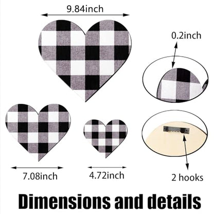 Jetec 3 Pcs Wood Heart Wall Decor Farmhouse Plaque, Black and White Plaid - style: Black and White Plaid