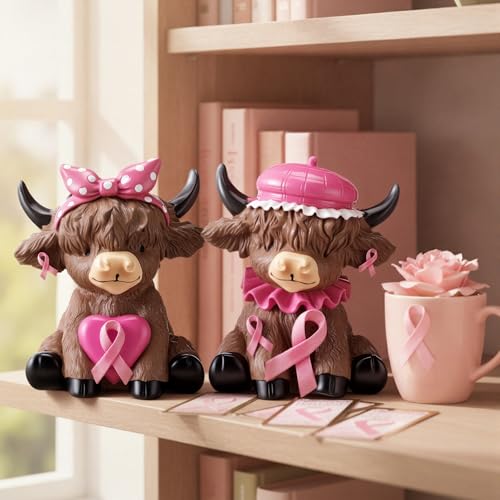 Karenhi 2 Pcs Breast Cancer Awareness Highland Cow Figurines, Pink Ribbon - style: Breast Cancer