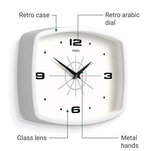 JONES CLOCKS® Movie wall Clock | Rectangular Retro Clock | 10" | White - color: White