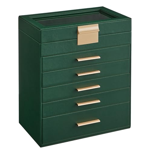SONGMICS Jewelry Box Organizer, 6-Layer Storage with 5 Drawers, Glass Lid - color: Forest Green + Gold, size: 6 Layer (6.4"d X 9.9"w)