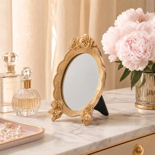 HEALLILY Oval Resin Makeup Mirror Portable European Style Handheld Cosmetic Mirror with Rose Relief Frame Lightweight for Vanity and Travel