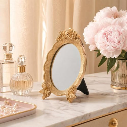 HEALLILY Oval Resin Makeup Mirror Portable European Style Handheld Cosmetic Mirror with Rose Relief Frame Lightweight for Vanity and Travel