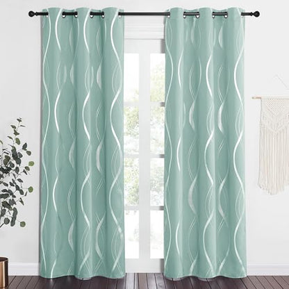 NICETOWN Aqua Blue Foil Print Curtains 90 inch Long for Patio - color: 1 - Aqua Blue, size: 52"W x 90"L (Pack of 2)