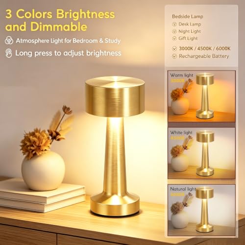 HPUFKOT Portable LED Table Lamp, 3-Levels Brightness Metal Desk Lamp,3 Color Touch Control RechargeableLamp, Ideal Bedside Lamp for Nightstand, Bedroom,Living Room (Light Golden) - color: Light Golden