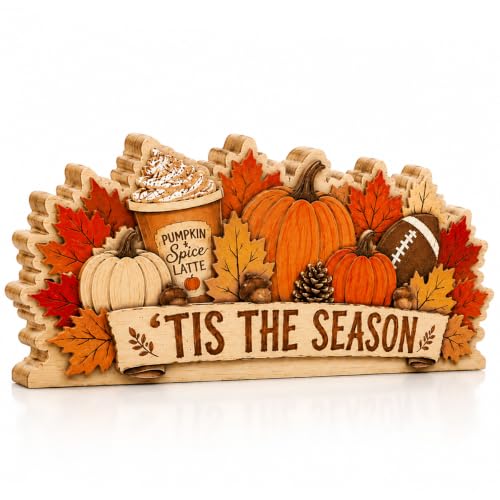 Fall Pumpkin Decor Wooden Sign, Tis the Season Football Tabletop Decor - color: SEASON