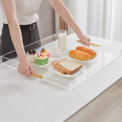 Extra Large Clear Acrylic Serving Tray (18×18 Inches) with Gold Handles Spill Proof Acrylic Over Size Big Decorative Tray Organiser for Ottoman Coffee Table Countertop - size: 18x18 Inches