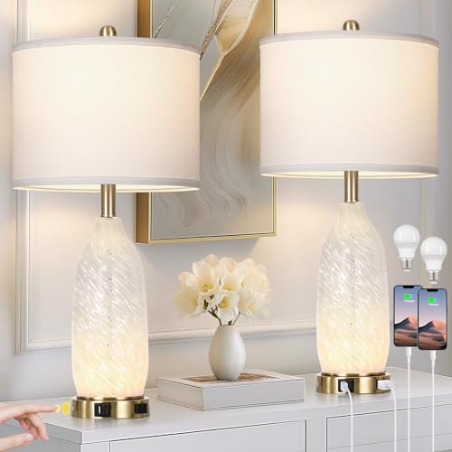 Rinweey 26" Modern Clear Glass Table Lamps Set of 2,Nightstand Lamp with USB A+C Ports & AC Outlet,Bedside Lamps with 3-Way Dimmable Touch Control Night Light for Bedroom Living Room(Bulbs Included) - color: White