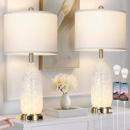 Rinweey 26" Modern Clear Glass Table Lamps Set of 2,Nightstand Lamp with USB A+C Ports & AC Outlet,Bedside Lamps with 3-Way Dimmable Touch Control Night Light for Bedroom Living Room(Bulbs Included) - color: White