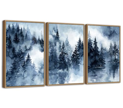NINEASO Foggy Forest Framed Wall Art - Watercolor Blue Grey Tree Canvas Pictures, Misty Woodland Painting Prints with Natural Wood Frame for Living Room Bedroom Office Home Wall Decor, 24 x 16in * 3 - color: Blue Grey Foggy Forest, size: 24"L x 16"W